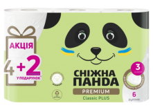 Туалетная бумага Снежная панда Premium Classic Plus 3 слоя 4+2 шт