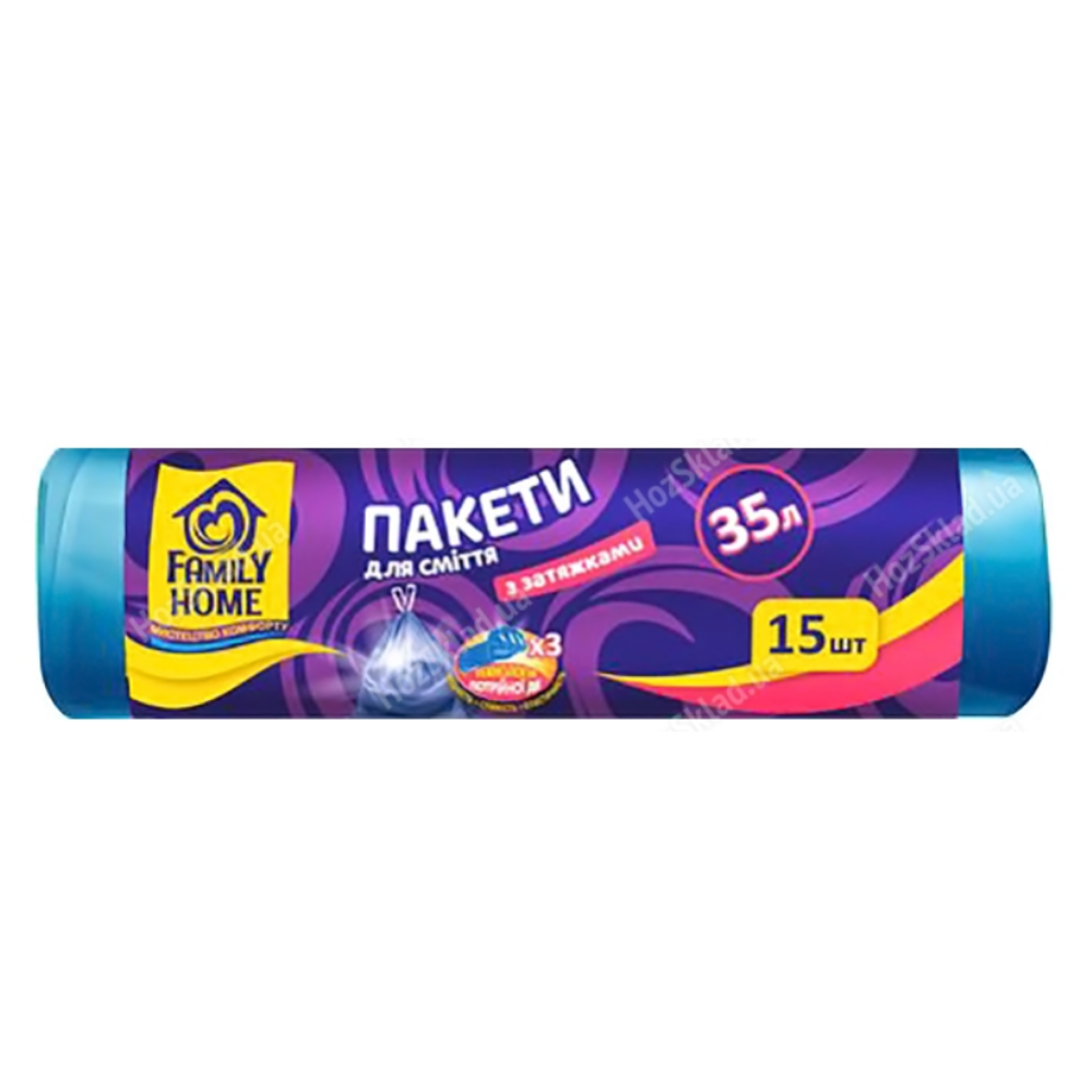 Пакеты для мусора Family Home с затяжками голубые 35л х 15шт