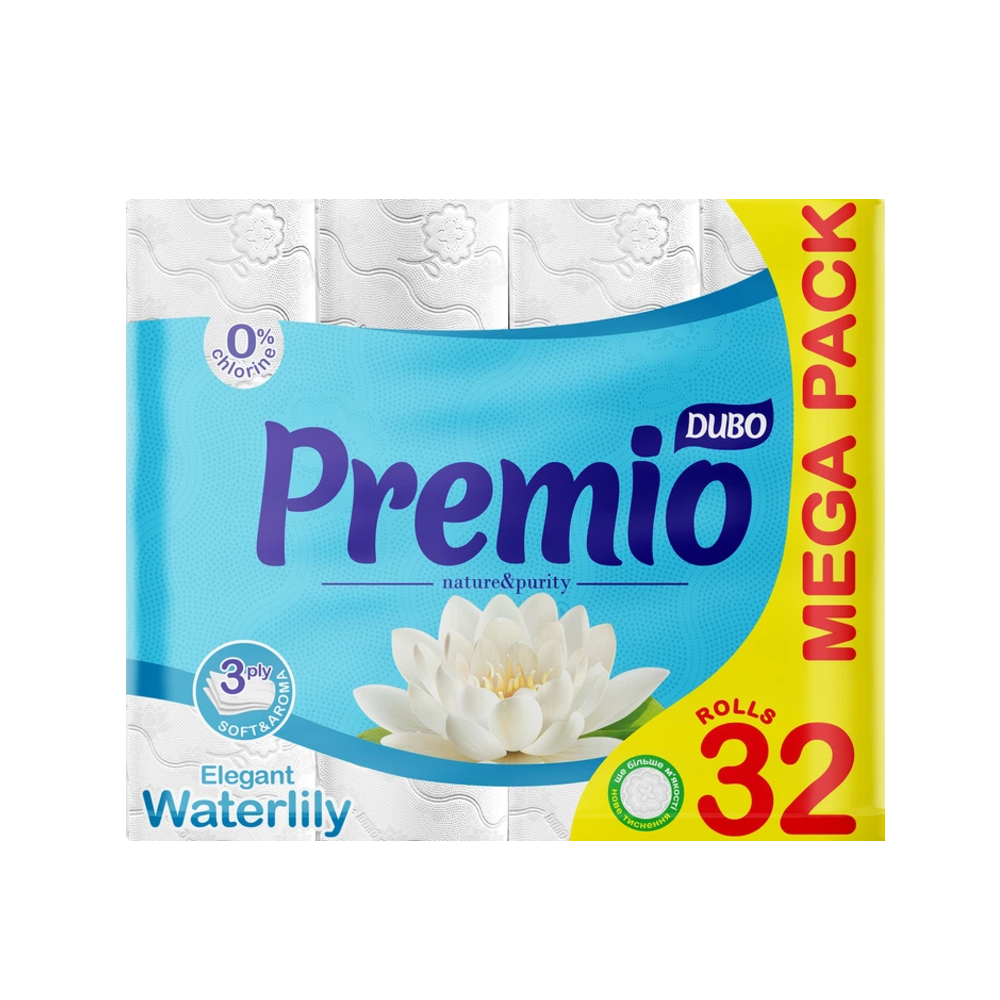 Туалетная бумага Чудо Premio Waterlily с зеленой окраской 3 слоя 32 рулона