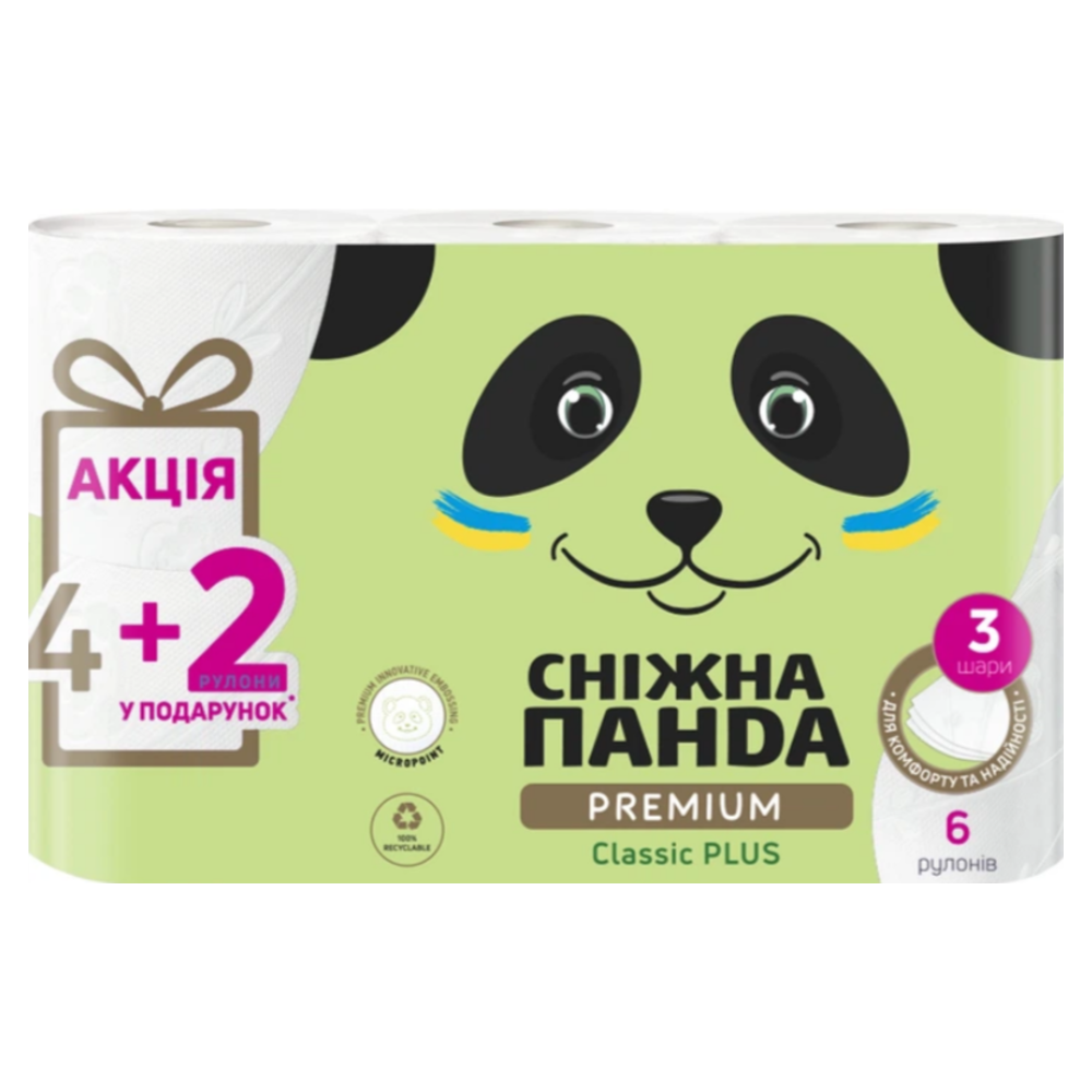 Туалетная бумага Снежная панда Premium Classic Plus 3 слоя 4+2 шт